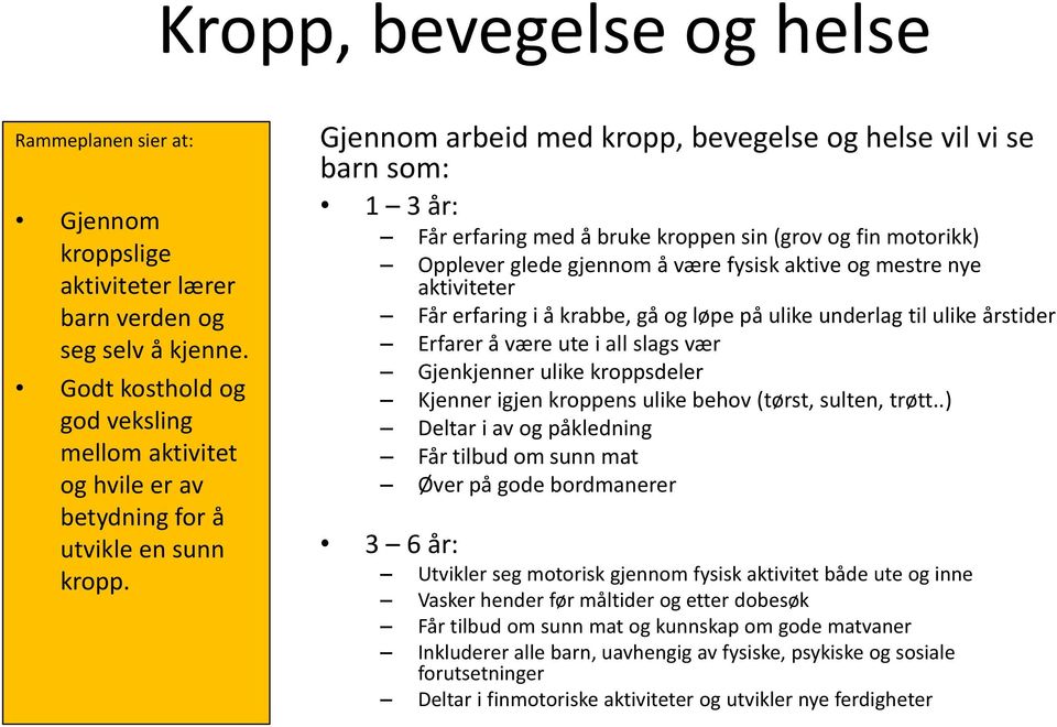 Gjennom arbeid med kropp, bevegelse og helse vil vi se barn som: 1 3 år: Får erfaring med å bruke kroppen sin (grov og fin motorikk) Opplever glede gjennom å være fysisk aktive og mestre nye