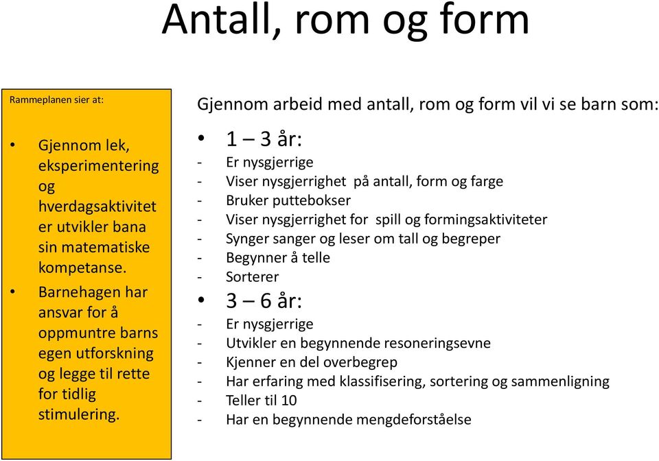 Gjennom arbeid med antall, rom og form vil vi se barn som: 1 3 år: - Er nysgjerrige - Viser nysgjerrighet på antall, form og farge - Bruker puttebokser - Viser nysgjerrighet for