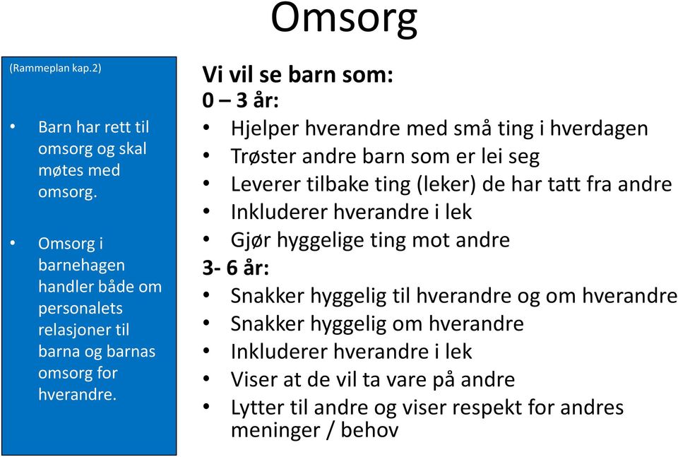 Vi vil se barn som: 0 3 år: Hjelper hverandre med små ting i hverdagen Trøster andre barn som er lei seg Leverer tilbake ting (leker) de har tatt