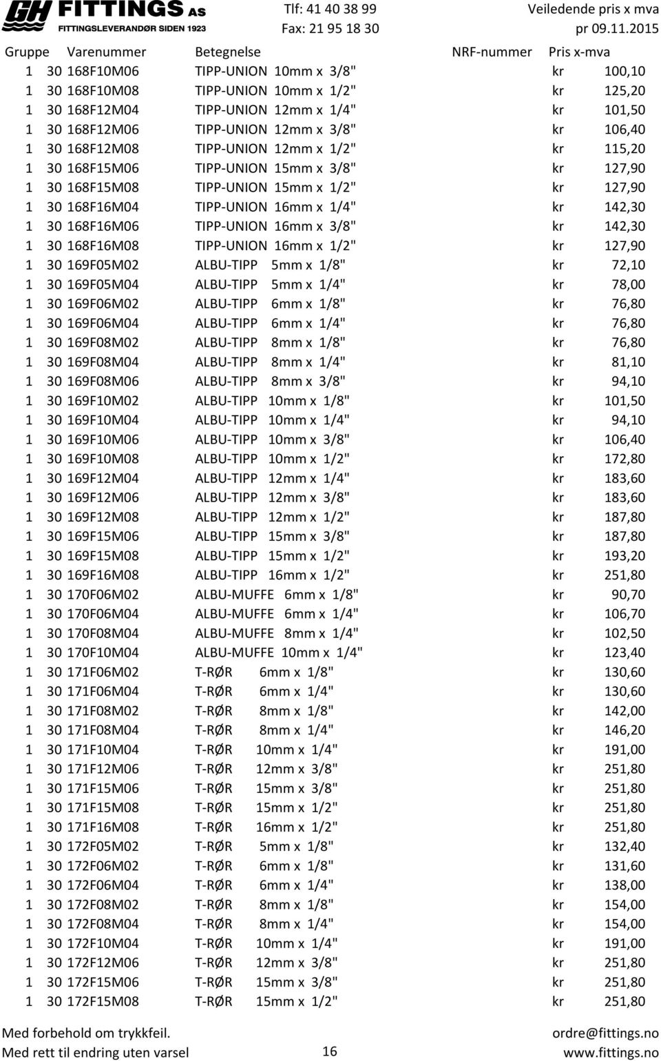 168F16M06 TIPP-UNION 16mm x 3/8" kr 142,30 1 30 168F16M08 TIPP-UNION 16mm x 1/2" kr 127,90 1 30 169F05M02 ALBU-TIPP 5mm x 1/8" kr 72,10 1 30 169F05M04 ALBU-TIPP 5mm x 1/4" kr 78,00 1 30 169F06M02