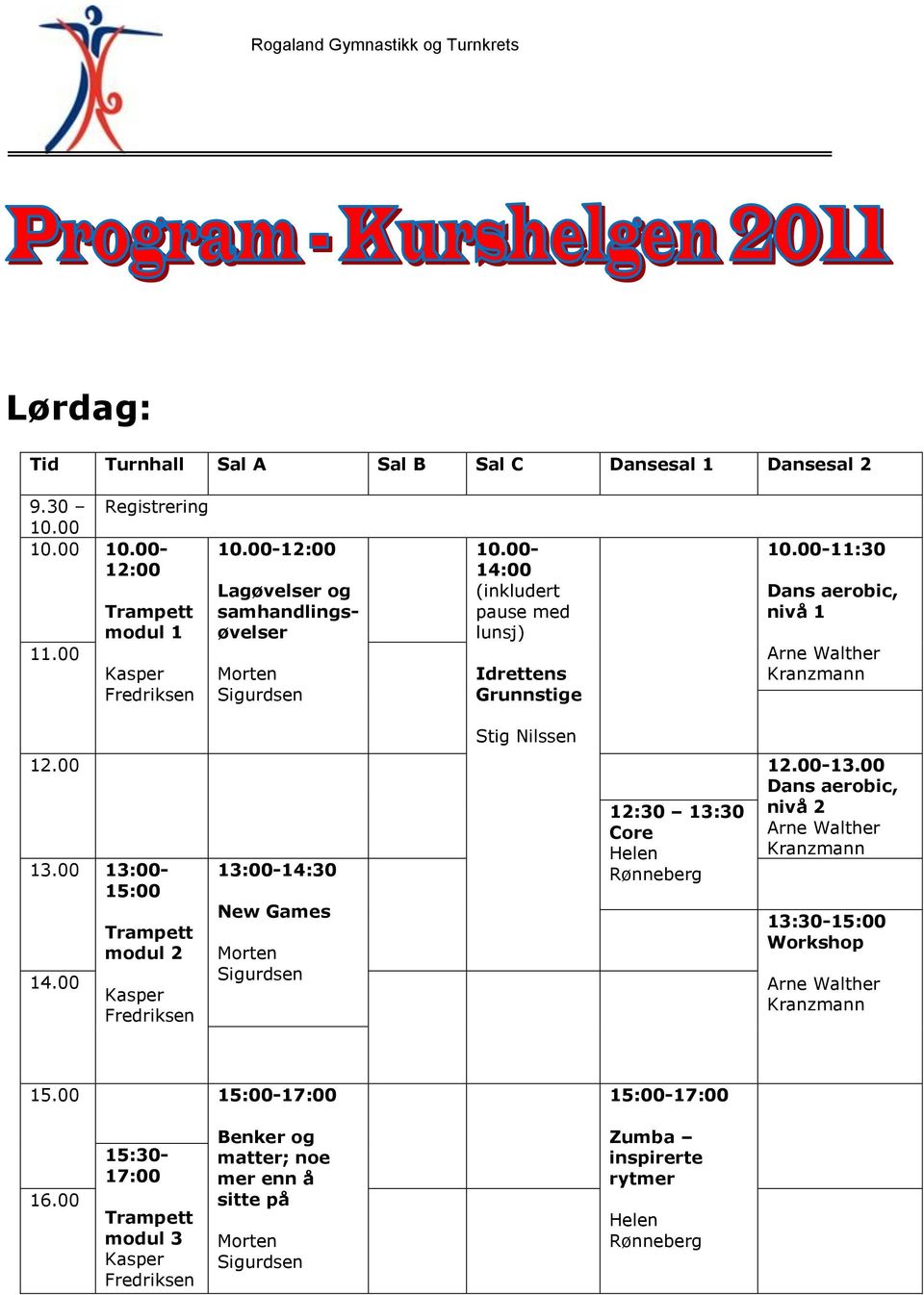 00-11:30 Dans aerobic, nivå 1 Arne Walther Kranzmann Stig Nilssen 12.00 12.00-13.00 Dans aerobic, 13.00 13:00-15:00 14.