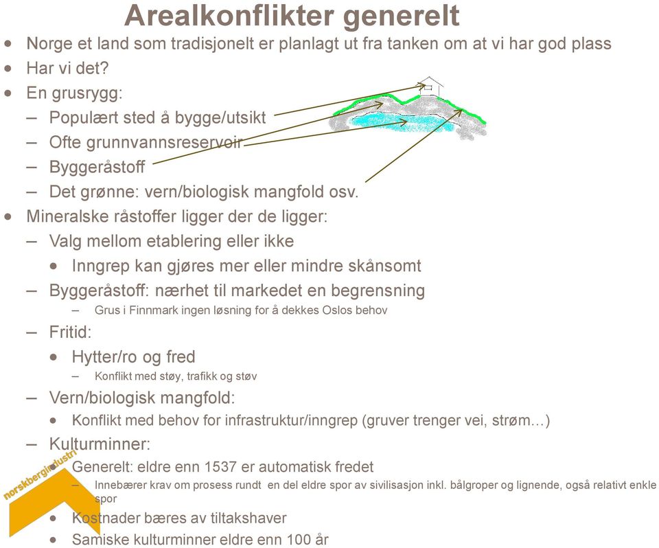 Mineralske råstoffer ligger der de ligger: Valg mellom etablering eller ikke Inngrep kan gjøres mer eller mindre skånsomt Byggeråstoff: nærhet til markedet en begrensning Grus i Finnmark ingen