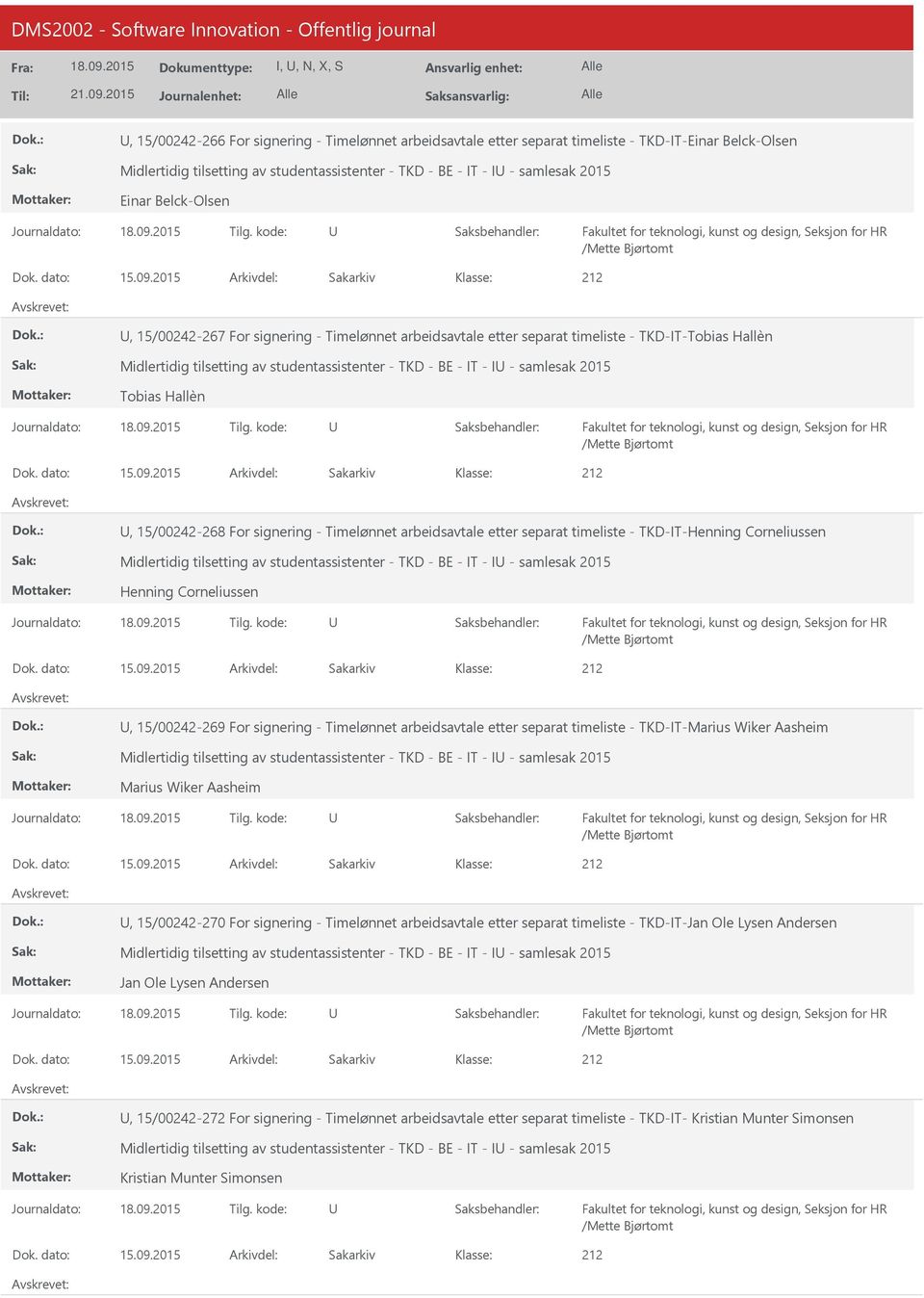 2015 Arkivdel: Sakarkiv, 15/00242-267 For signering - Timelønnet arbeidsavtale etter separat timeliste - TKD-IT-Tobias Hallèn Midlertidig tilsetting av studentassistenter - TKD - BE - IT - I -