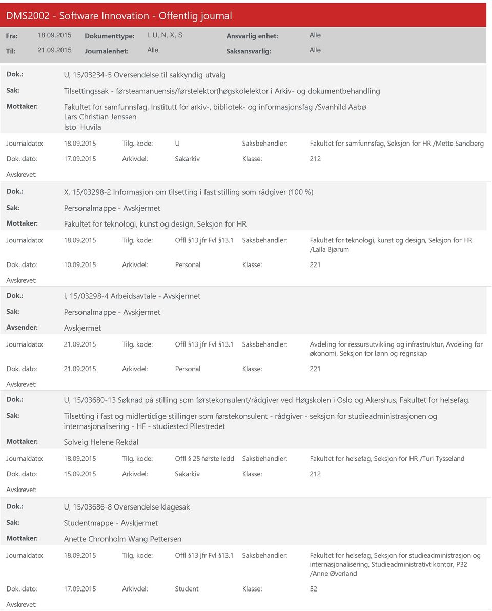 2015 Arkivdel: Sakarkiv X, 15/03298-2 Informasjon om tilsetting i fast stilling som rådgiver (100 %) Personalmappe - Fakultet for teknologi, kunst og design, Seksjon for HR Fakultet for teknologi,