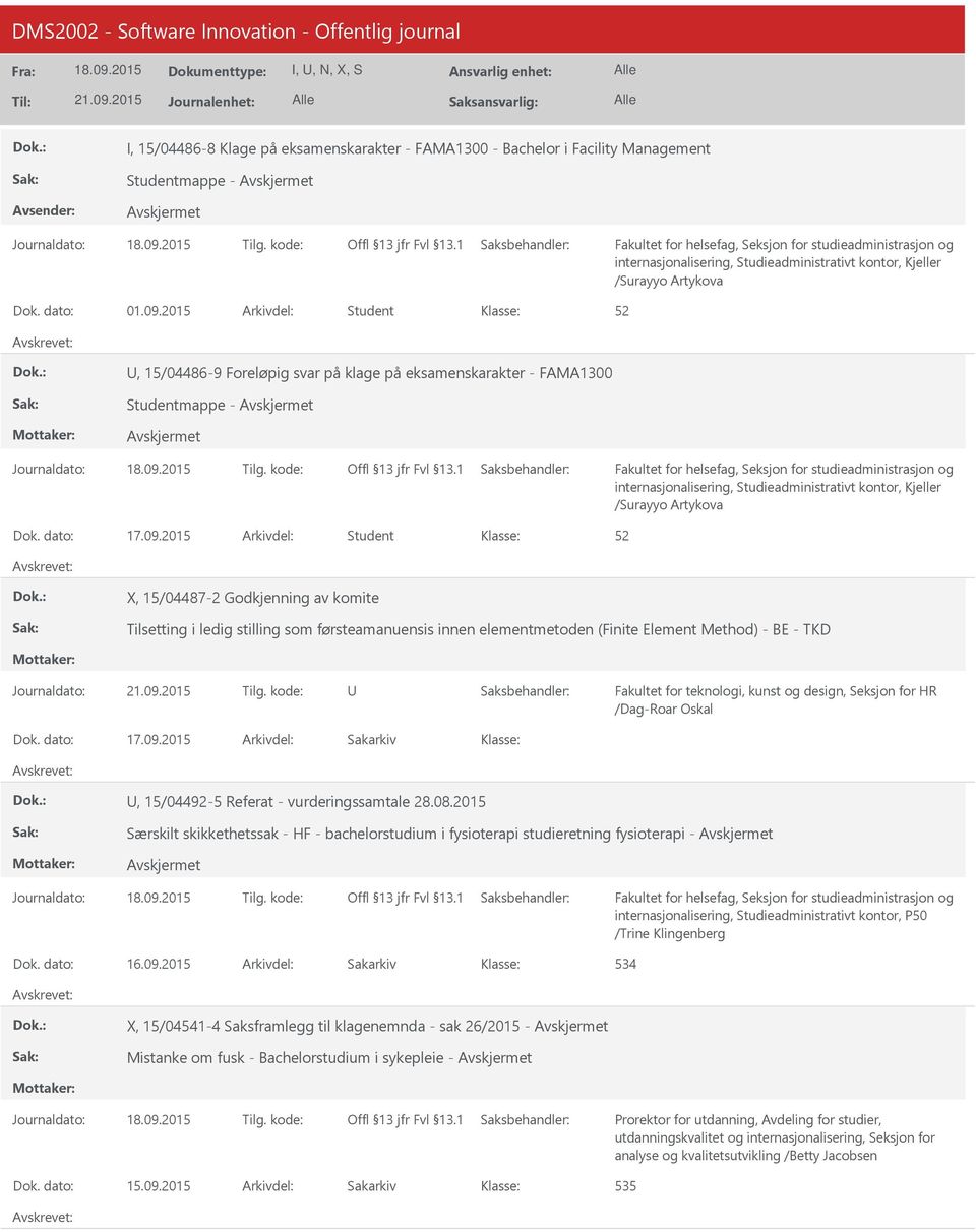 2015 Arkivdel: Student, 15/04486-9 Foreløpig svar på klage på eksamenskarakter - FAMA1300 Studentmappe - internasjonalisering, Studieadministrativt kontor, Kjeller /Surayyo Artykova X, 15/04487-2