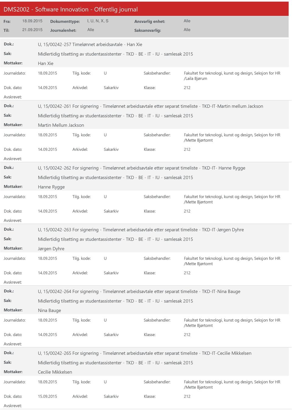 2015 Arkivdel: Sakarkiv, 15/00242-261 For signering - Timelønnet arbeidsavtale etter separat timeliste - TKD-IT-Martin mellum Jackson Midlertidig tilsetting av studentassistenter - TKD - BE - IT - I