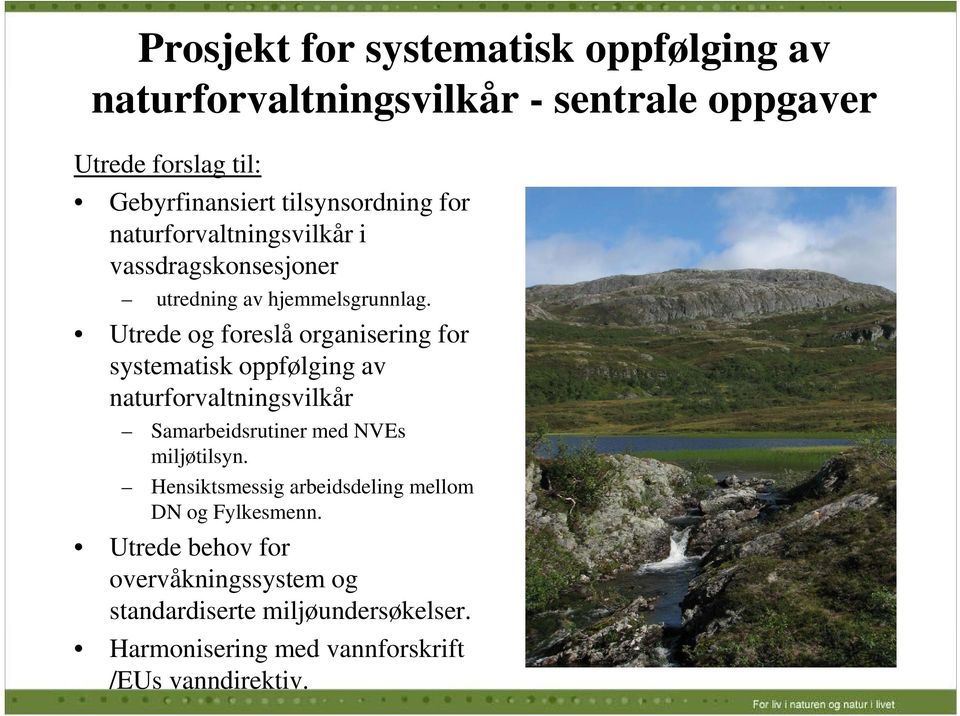 Utrede og foreslå organisering for systematisk ikoppfølging fli av naturforvaltningsvilkår Samarbeidsrutiner med NVEs miljøtilsyn.