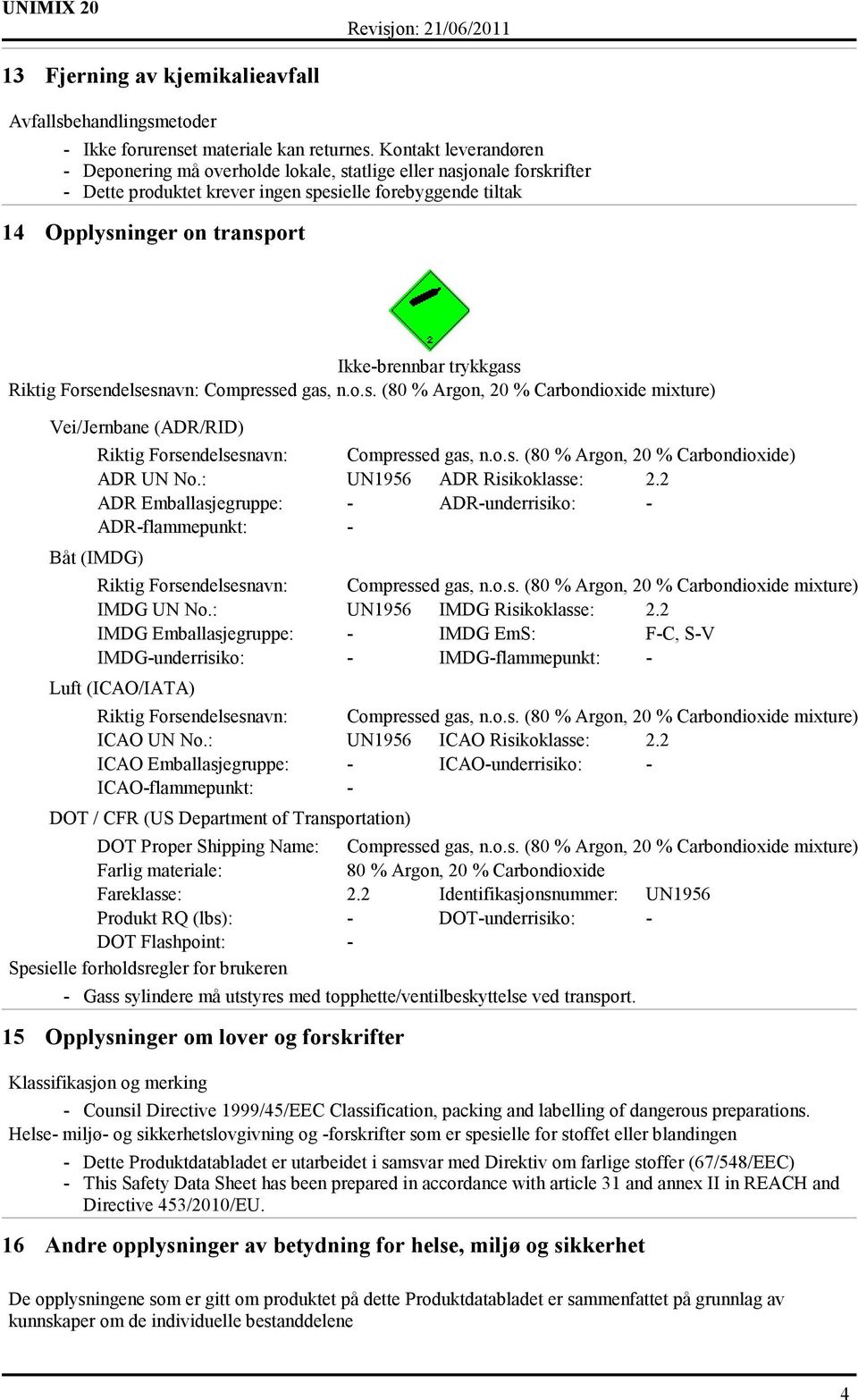 trykkgass Vei/Jernbane (ADR/RID) Riktig Forsendelsesnavn: Compressed gas, n.o.s. (80 % Argon, 20 % Carbondioxide) ADR UN No.: UN1956 ADR Risikoklasse: 2.