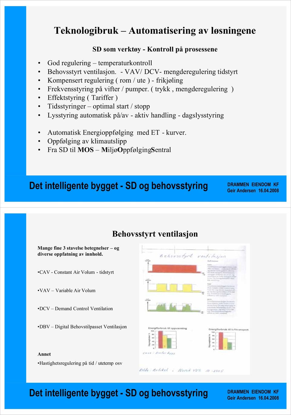 ( trykk, mengderegulering ) Effektstyring ( Tariffer ) Tidsstyringer optimal start / stopp Lysstyring automatisk på/av - aktiv handling - dagslysstyring Automatisk Energioppfølging med ET - kurver.