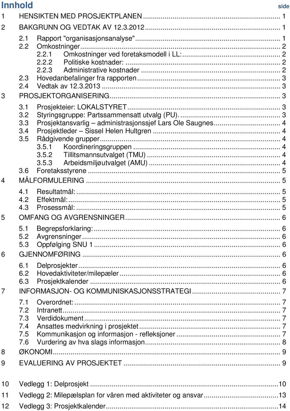 ... 3 3.3 Prosjektansvarlig administrasjonssjef Lars Ole Saugnes... 4 3.4 Prosjektleder Sissel Helen Hultgren... 4 3.5 Rådgivende grupper... 4 3.5.1 Koordineringsgruppen... 4 3.5.2 Tillitsmannsutvalget (TMU).