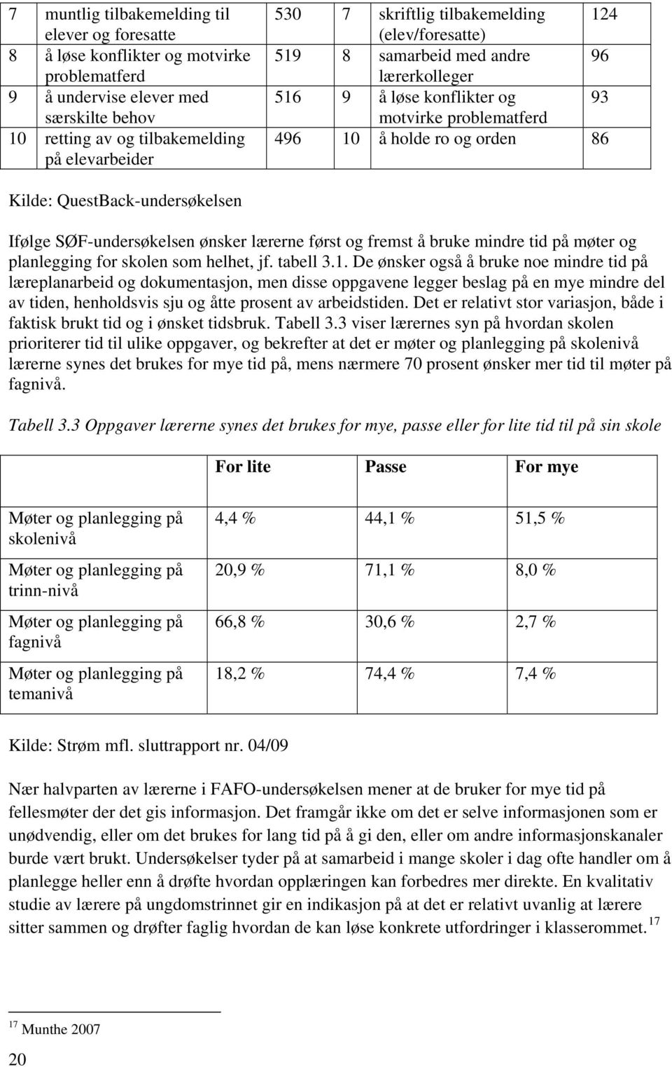 SØF-undersøkelsen ønsker lærerne først og fremst å bruke mindre tid på møter og planlegging for skolen som helhet, jf. tabell 3.1.