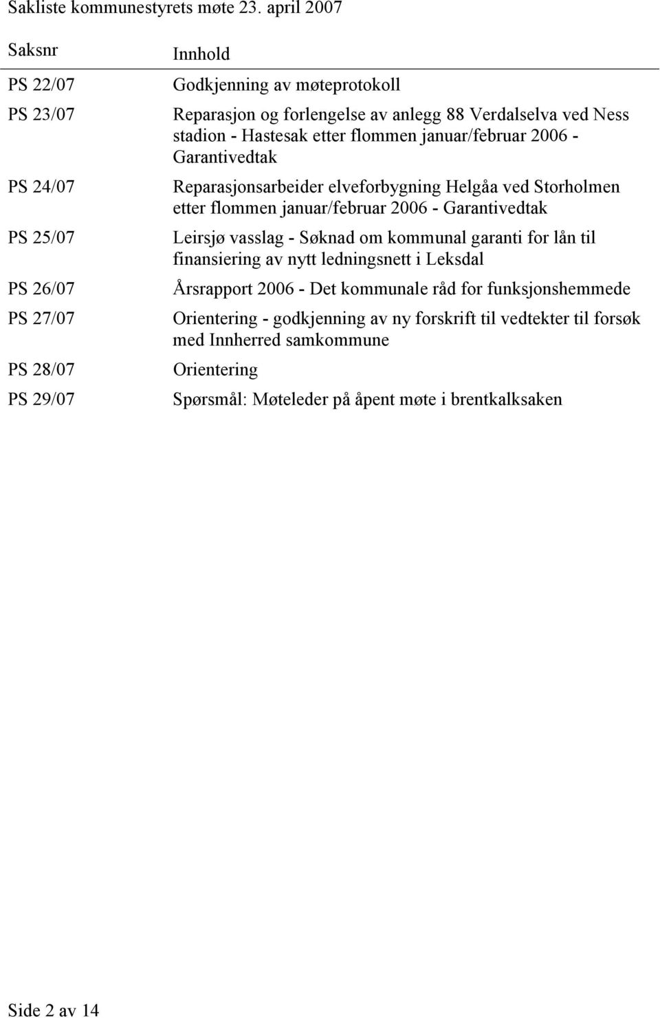 ved Ness stadion - Hastesak etter flommen januar/februar 2006 - Garantivedtak Reparasjonsarbeider elveforbygning Helgåa ved Storholmen etter flommen januar/februar 2006 -