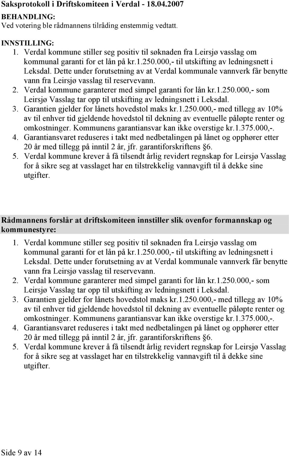 Dette under forutsetning av at Verdal kommunale vannverk får benytte vann fra Leirsjø vasslag til reservevann. 2. Verdal kommune garanterer med simpel garanti for lån kr.1.250.
