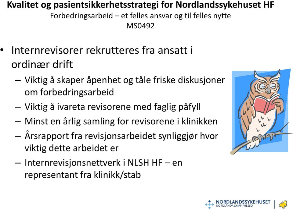 forbedringsarbeid Viktig å ivareta revisorene med faglig påfyll Minst en årlig samling for revisorene i klinikken