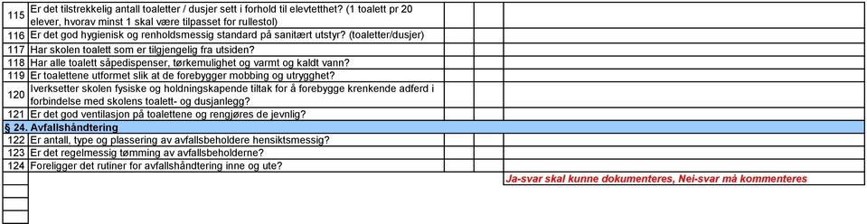 (toaletter/dusjer) 117 Har skolen toalett som er tilgjengelig fra utsiden? 118 Har alle toalett såpedispenser, tørkemulighet og varmt og kaldt vann?