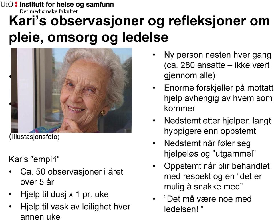 uke Hjelp til vask av leilighet hver annen uke Ny person nesten hver gang (ca.