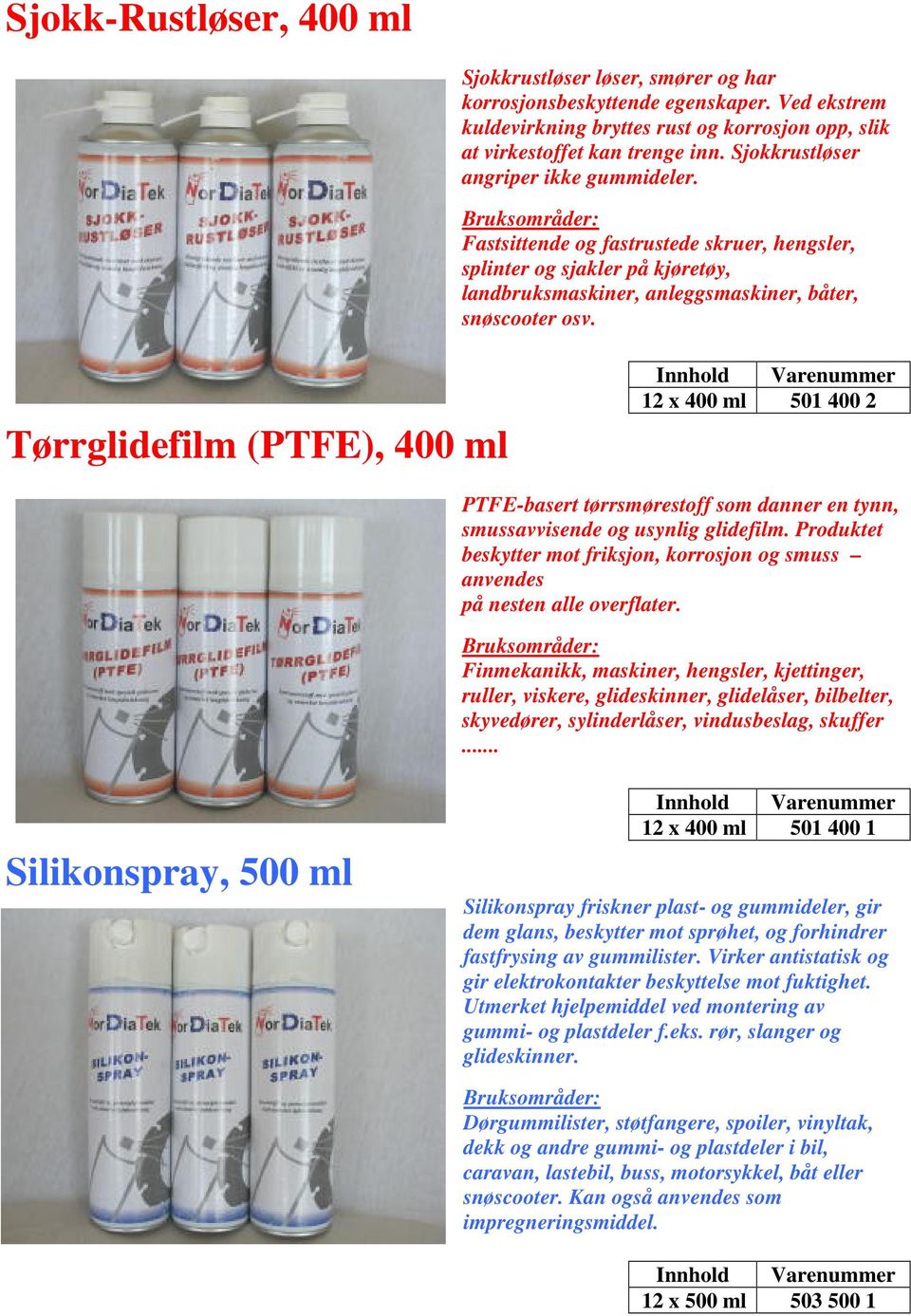 Tørrglidefilm (PTFE), 400 ml 12 x 400 ml 501 400 2 PTFE-basert tørrsmørestoff som danner en tynn, smussavvisende og usynlig glidefilm.