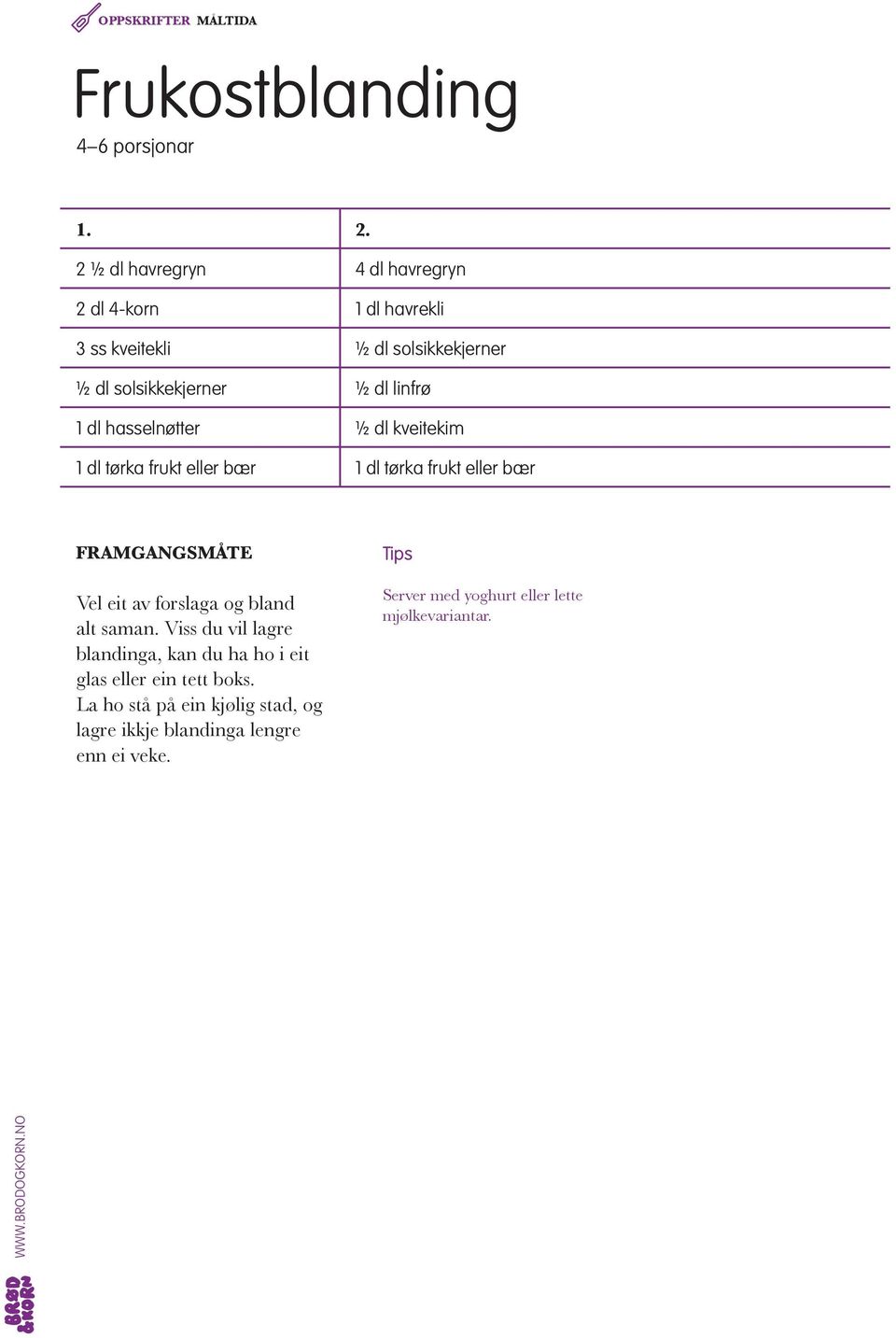 4 dl havregryn 1 dl havrekli ½ dl solsikkekjerner ½ dl linfrø ½ dl kveitekim 1 dl tørka frukt eller bær Vel eit av