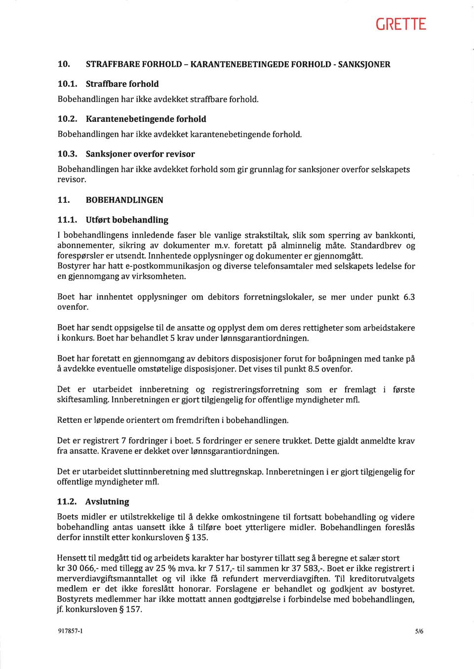 Sanksioner overfor revisor Bobehandlingen har ikke avdekket forhold som gir grunnlag for sanksjoner overfor selskapets revisor. IL. BOBEHANDLINGEN 11