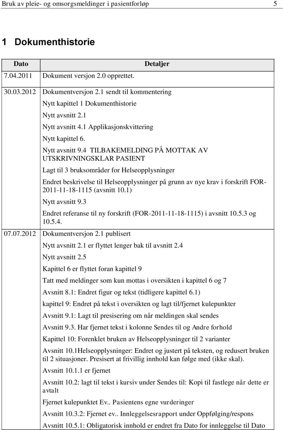 4 TILBAKEMELDING PÅ MOTTAK AV UTSKRIVNINGSKLAR PASIENT Lagt til 3 bruksområder for Helseopplysninger Endret beskrivelse til Helseopplysninger på grunn av nye krav i forskrift FOR- 2011-11-18-1115