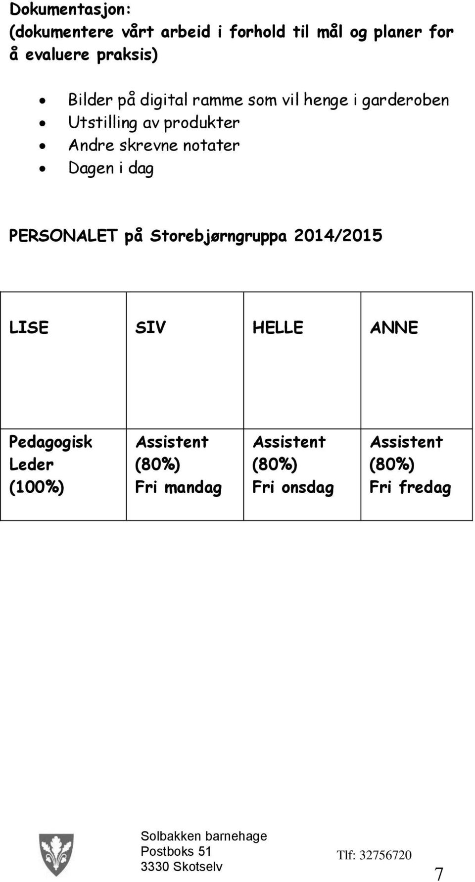 notater Dagen i dag PERSONALET på Storebjørngruppa 2014/2015 LISE SIV HELLE ANNE Pedagogisk