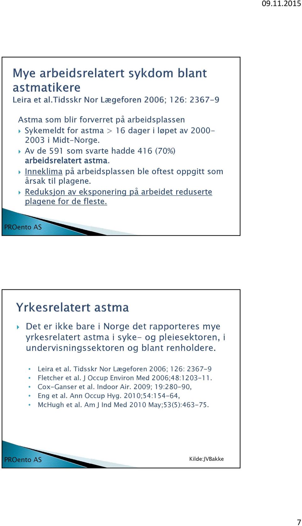 Det er ikke bare i Norge det rapporteres mye yrkesrelatert astma i syke- og pleiesektoren, i undervisningssektoren og blant renholdere. Leira et al.