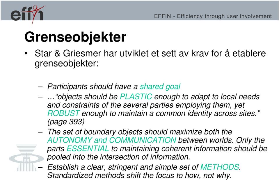 (page 393) The set of boundary objects should maximize both the AUTONOMY and COMMUNICATION between worlds.