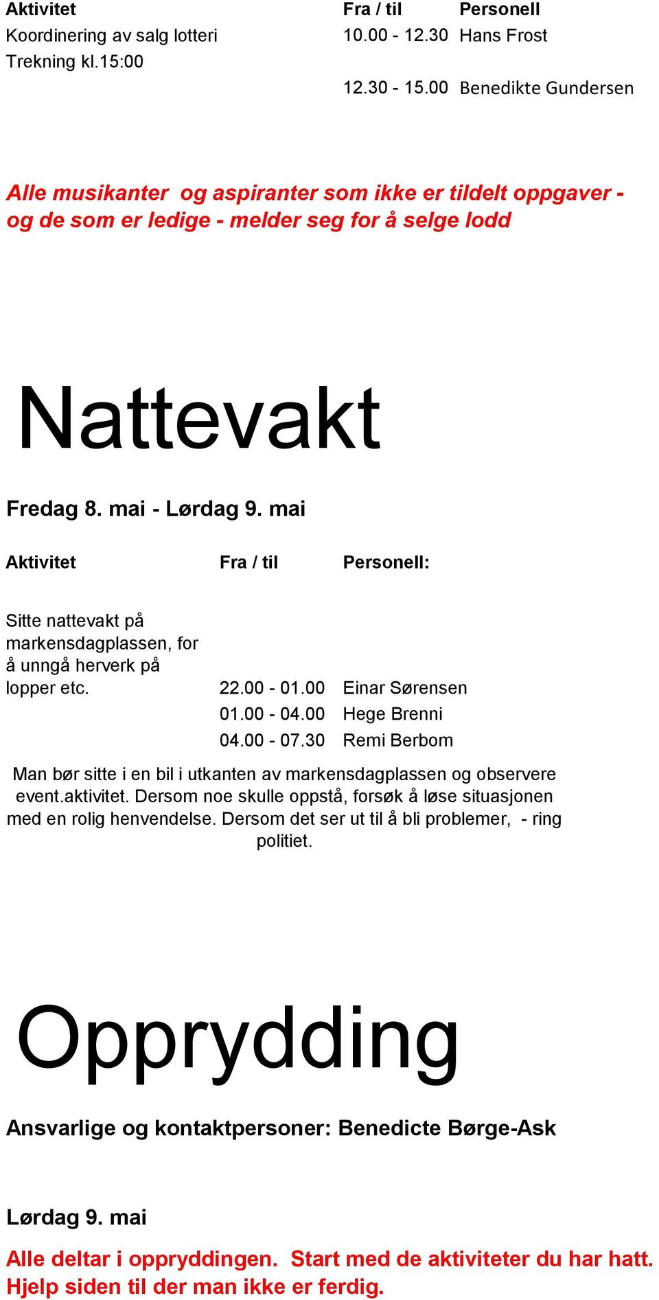 mai : Sitte nattevakt på markensdagplassen, for å unngå herverk på lopper etc. 22.00-01.00 Einar Sørensen 01.00-04.00 Hege Brenni 04.00-07.
