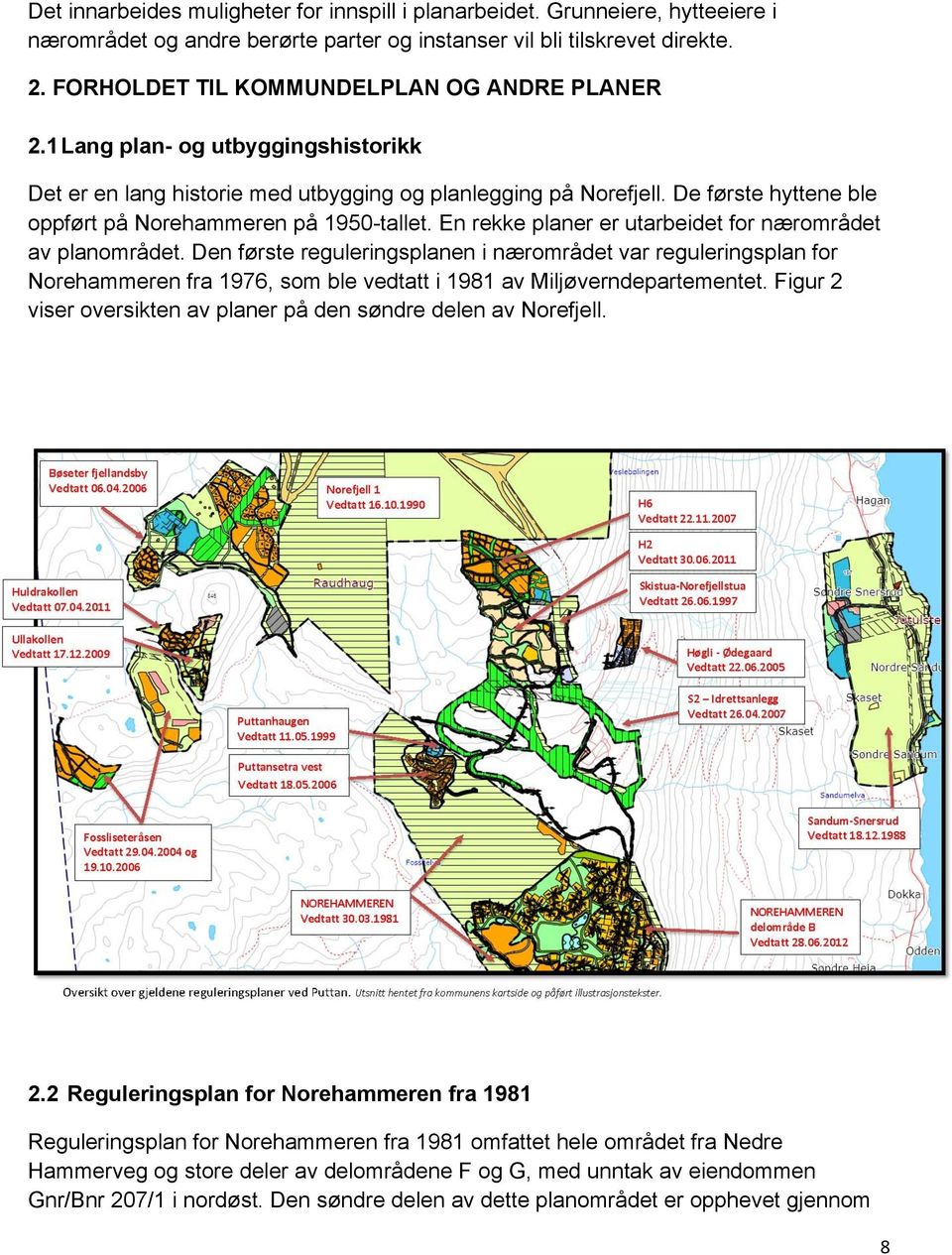 De første hyttene ble oppført på Norehammeren på 1950-tallet. En rekke planer er utarbeidet for nærområdet av planområdet.