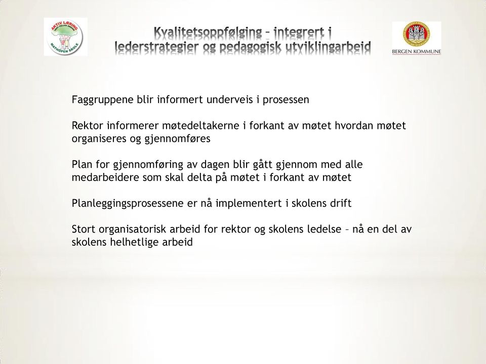 medarbeidere som skal delta på møtet i forkant av møtet Planleggingsprosessene er nå implementert i