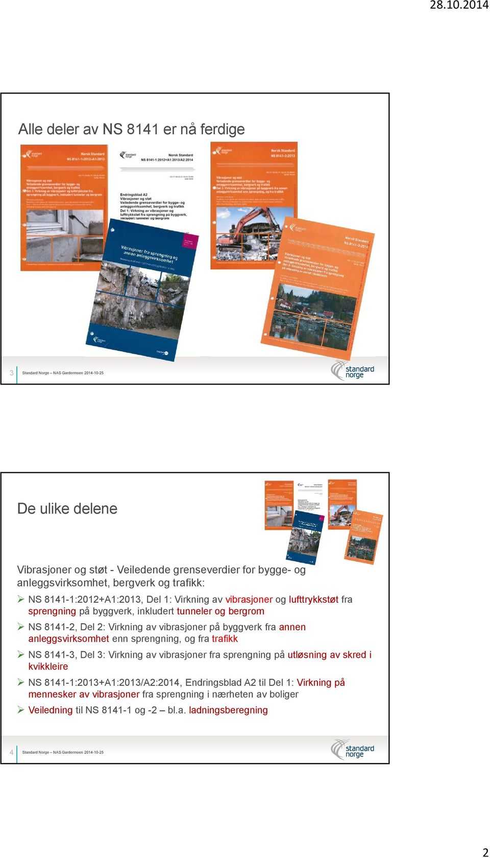 på byggverk fra annen anleggsvirksomhet enn sprengning, og fra trafikk NS 8141-3, Del 3: Virkning av vibrasjoner fra sprengning på utløsning av skred i kvikkleire NS