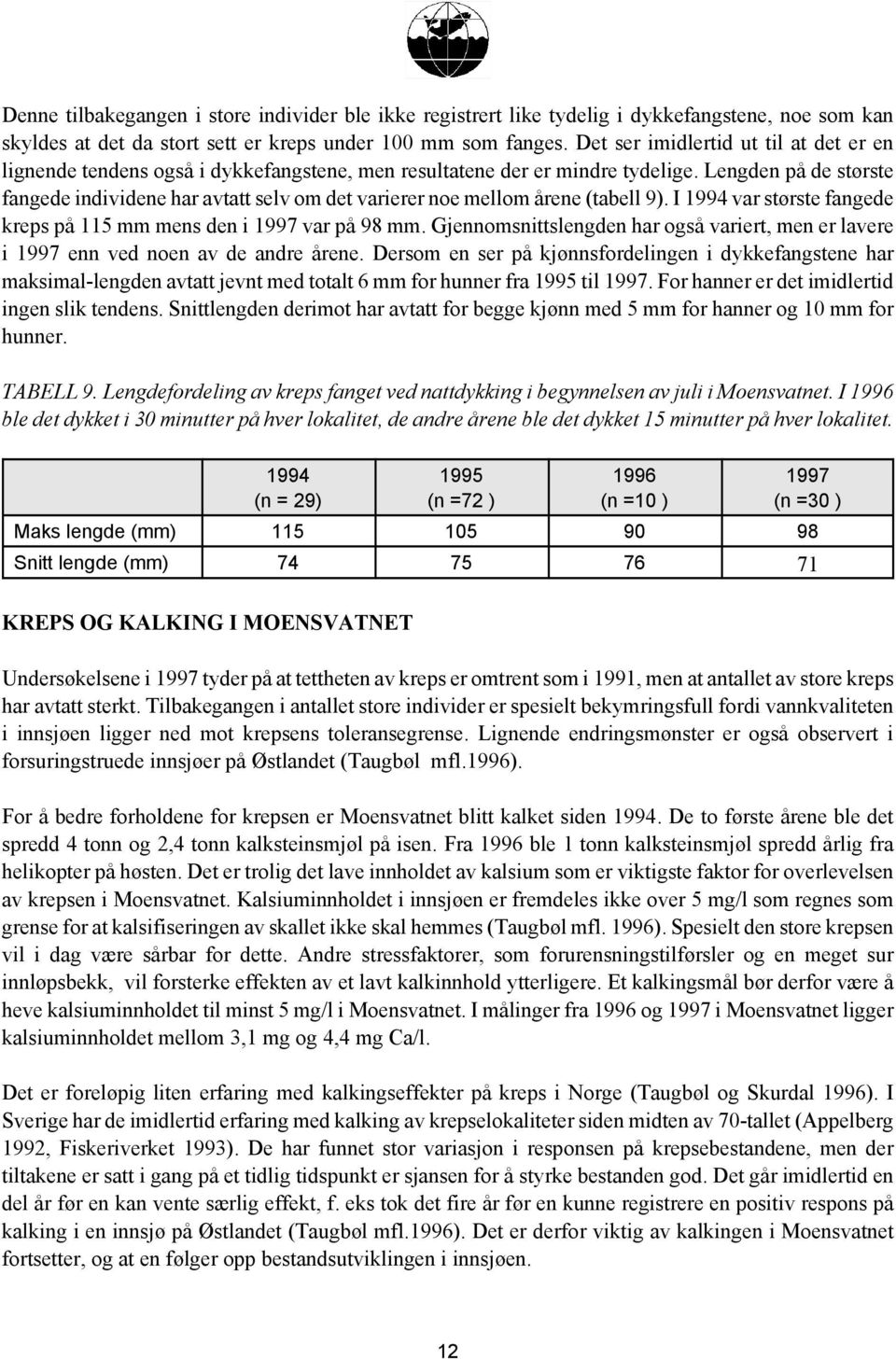 Lengden på de største fangede individene har avtatt selv om det varierer noe mellom årene (tabell 9). I 1994 var største fangede kreps på 115 mm mens den i 1997 var på 98 mm.