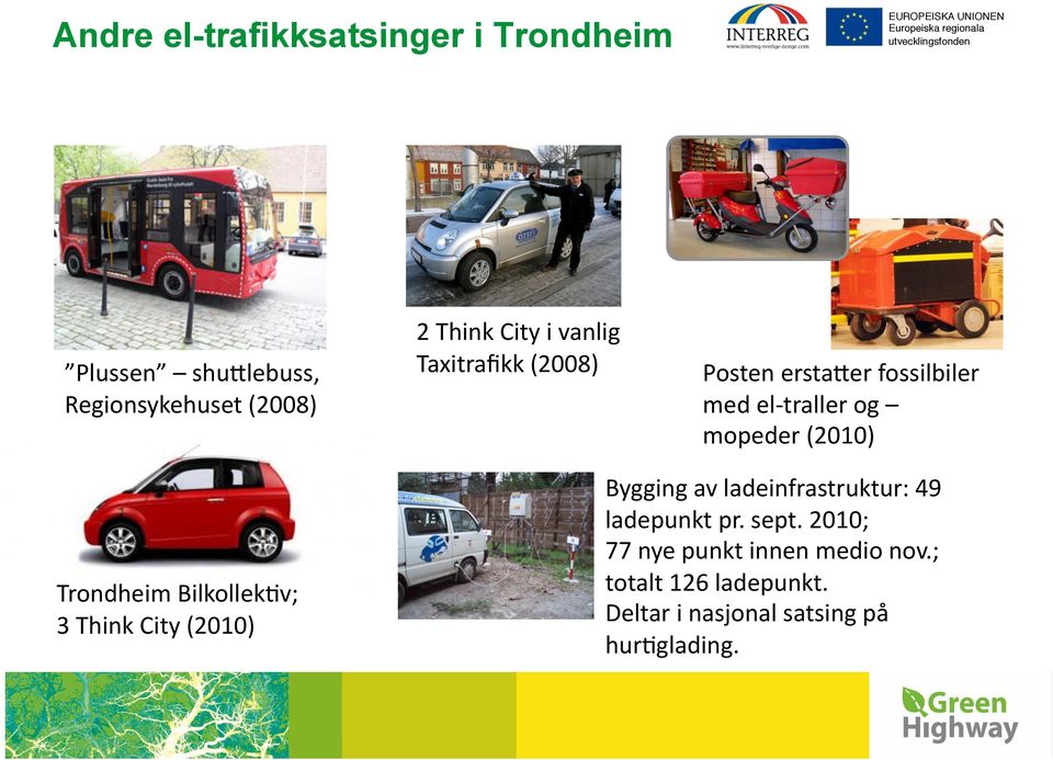 Trondheim BilkollekHv; 3 Think City (2010) Bygging av ladeinfrastruktur: 49 ladepunkt pr. sept.