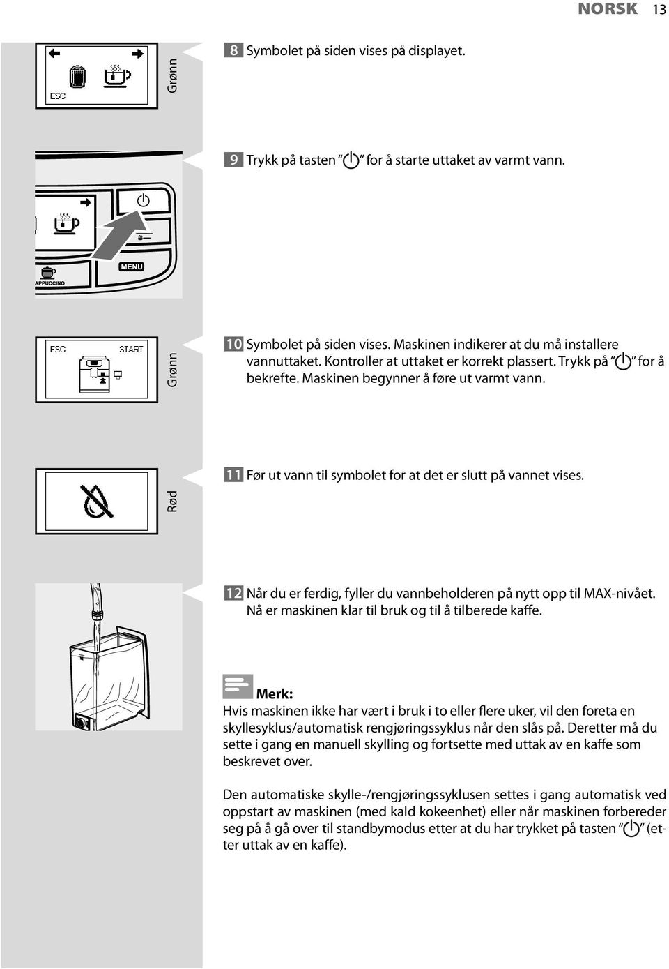 Rød 12 Når du er ferdig, fyller du vannbeholderen på nytt opp til MAX-nivået. Nå er maskinen klar til bruk og til å tilberede kaffe.