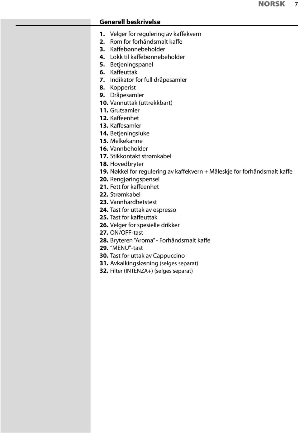 Stikkontakt strømkabel 18. Hovedbryter 19. Nøkkel for regulering av kaffekvern + Måleskje for forhåndsmalt kaffe 20. Rengjøringspensel 21. Fett for kaffeenhet 22. Strømkabel 23. Vannhardhetstest 24.