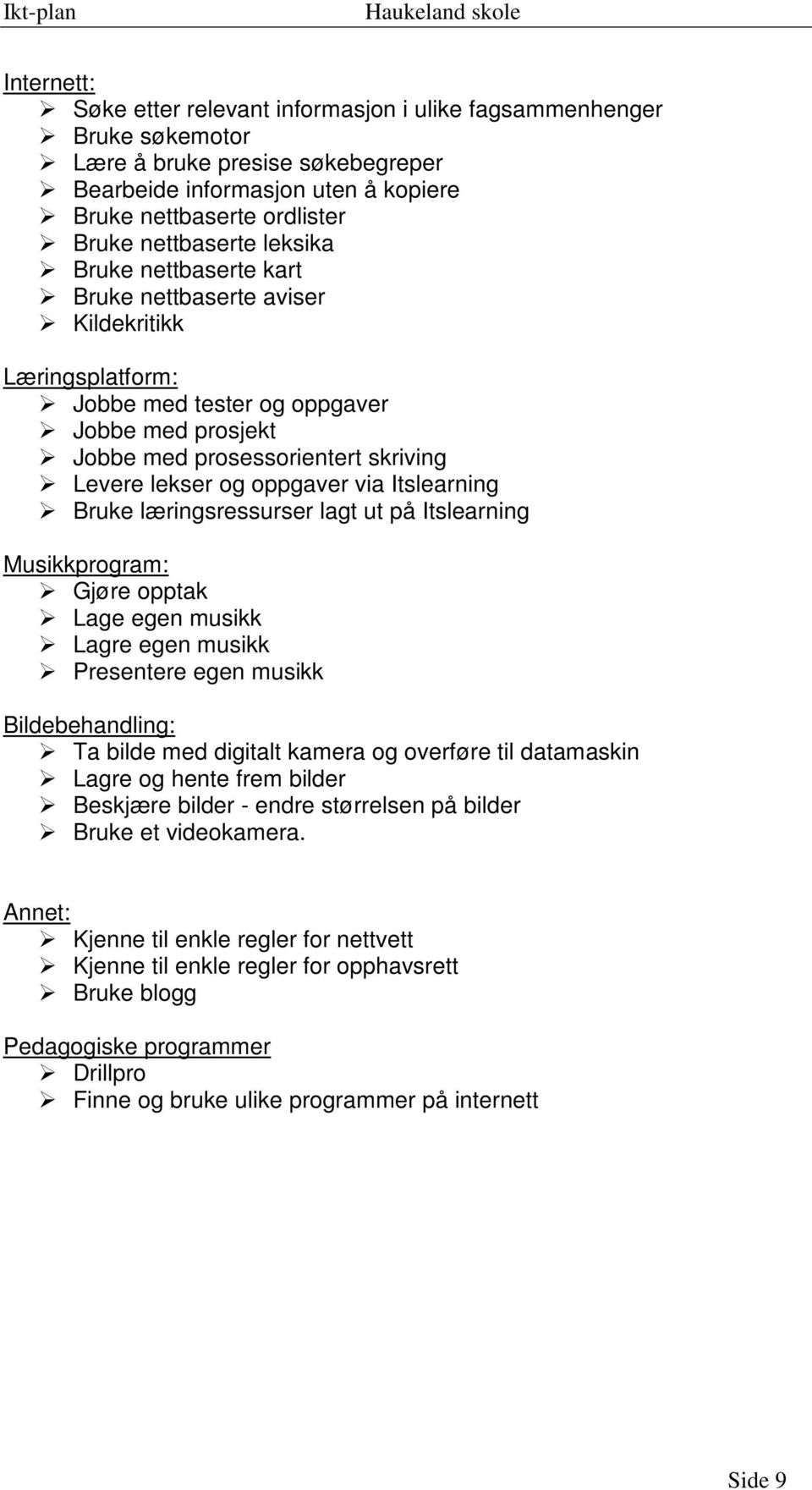 Itslearning Bruke læringsressurser lagt ut på Itslearning Musikkprogram: Gjøre opptak Lage egen musikk Lagre egen musikk Presentere egen musikk Bildebehandling: Ta bilde med digitalt kamera og