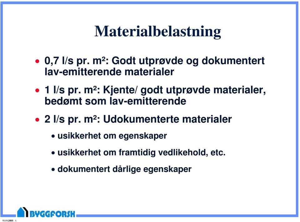 m²: Kjente/ godt utprøvde materialer, bedømt som lav-emitterende 2 l/s pr.