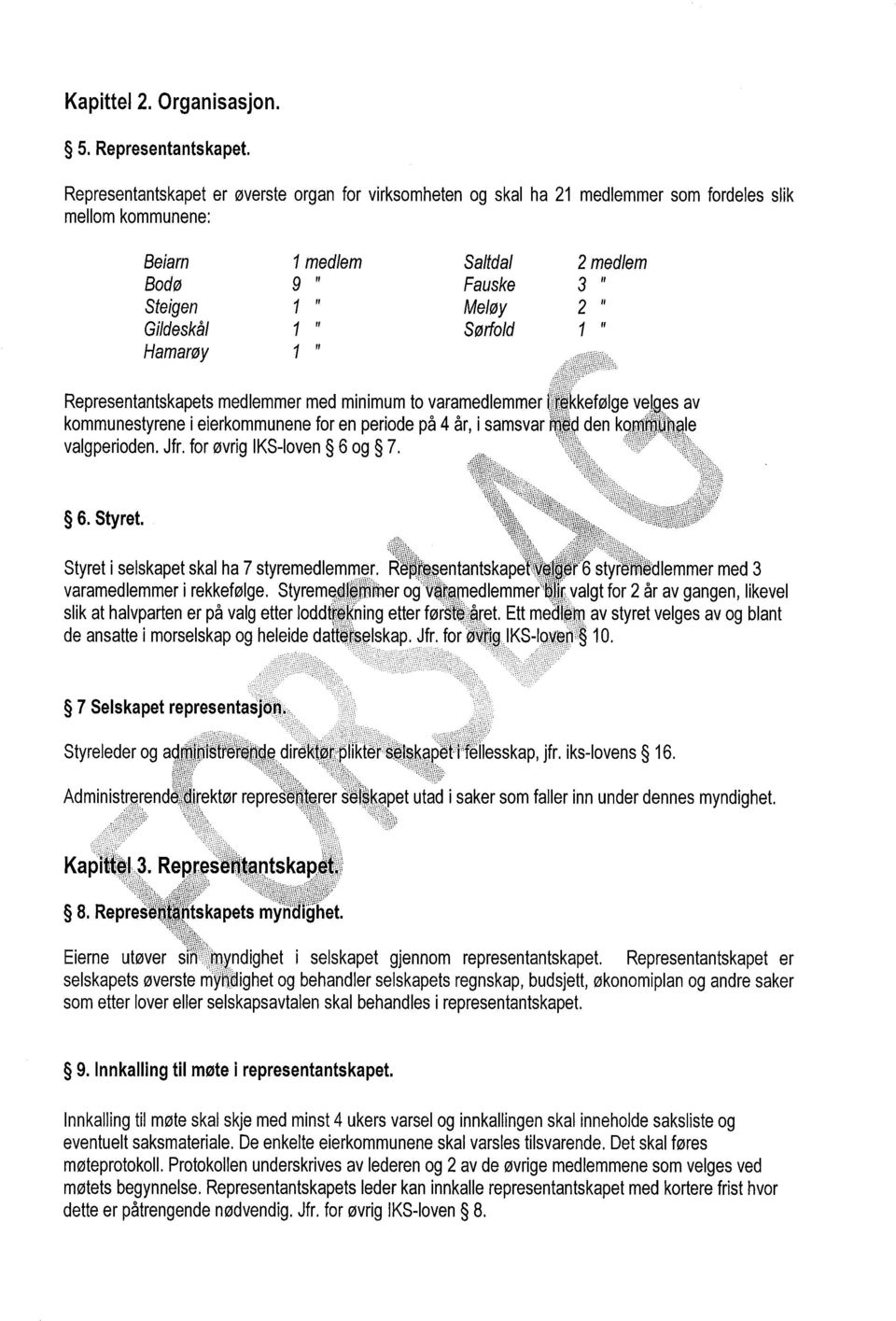 1 Sørfold 1 Representantskapets medlemmer med minimum to varamedlemmer kommunestyrene i eierkommunene for en periode på 4 år, i samsvar valgperioden. Jfr. for øvrig IKS-Ioven 6 og 7. 6. Styret.