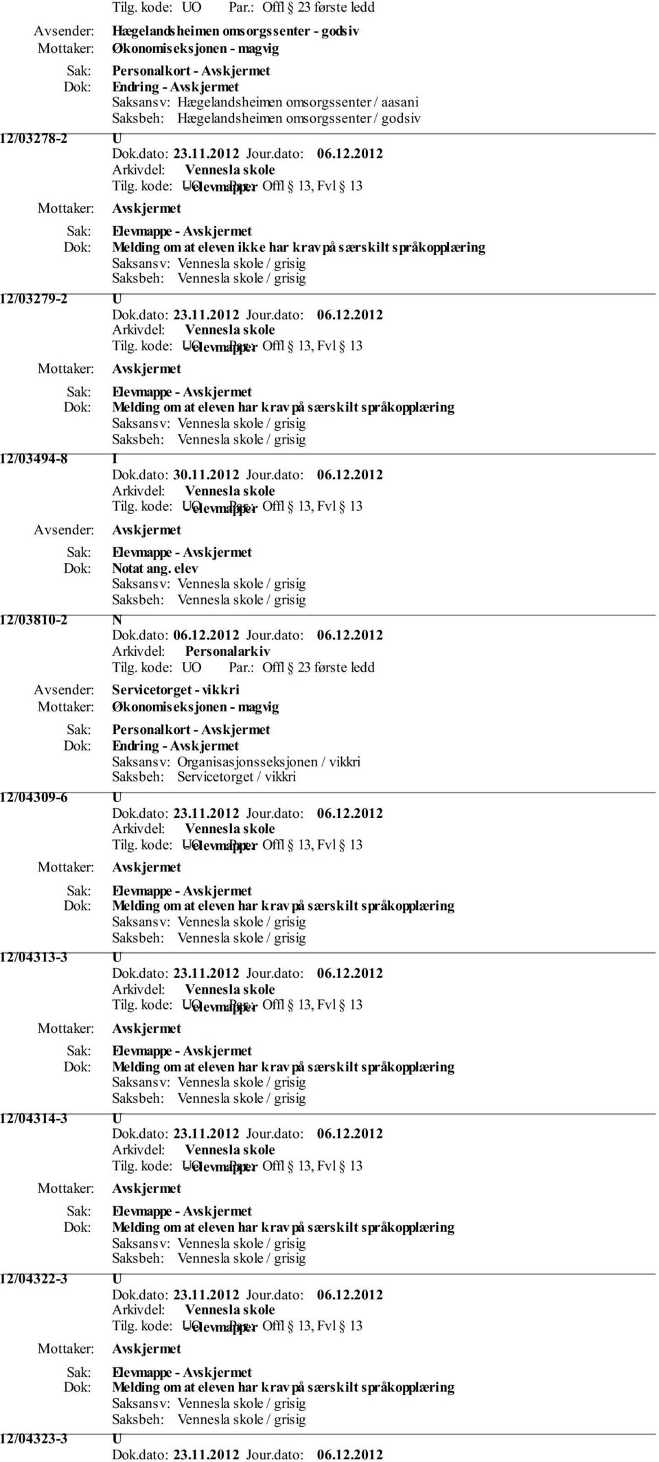 Saksbeh: Hægelandsheimen omsorgssenter / godsiv 12/03278-2 U Melding om at eleven ikke har krav på særskilt språkopplæring 12/03279-2 U