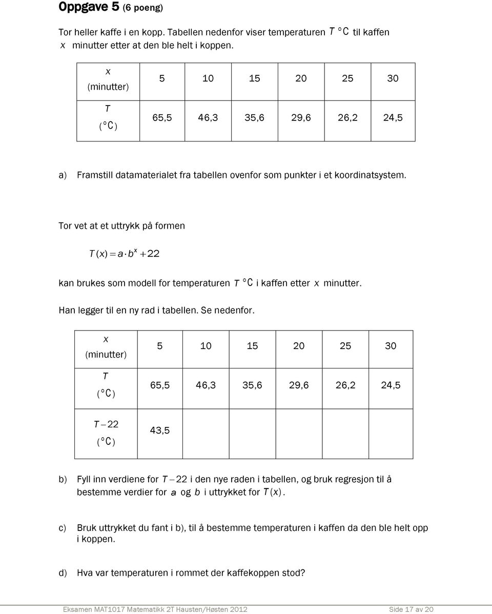 Tor vet at et uttrykk på formen T ( x) ab 22 x kan brukes som modell for temperaturen T Han legger til en ny rad i tabellen. Se nedenfor. C i kaffen etter x minutter.