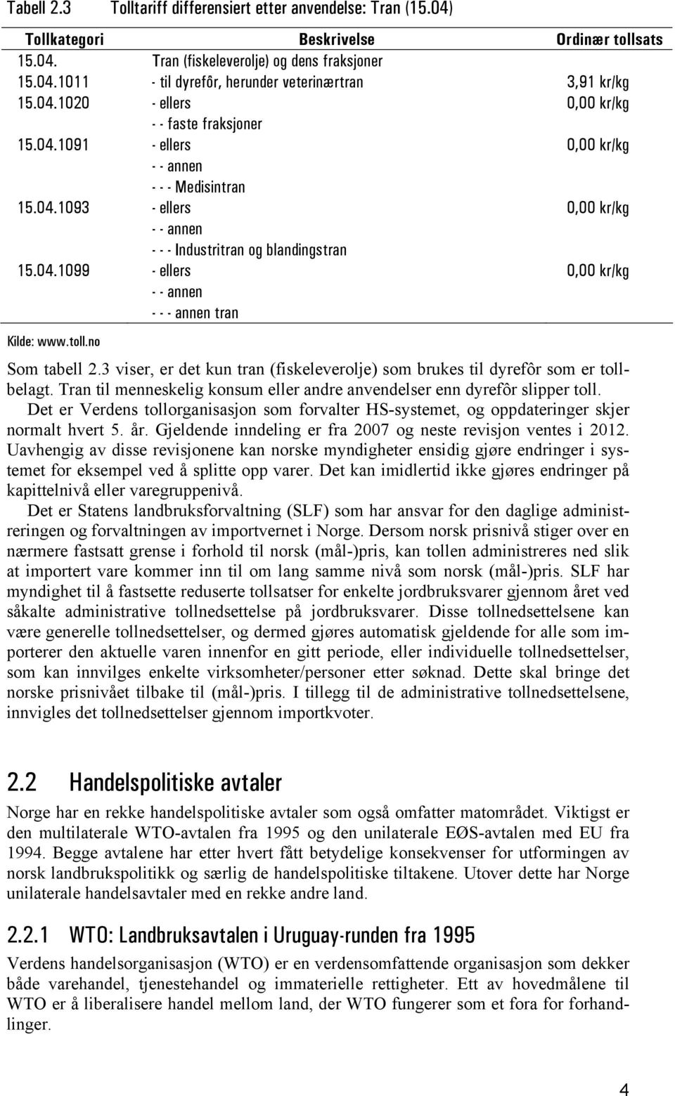 no - - - Industritran og blandingstran 0,00 kr/kg 0,00 kr/kg 0,00 kr/kg Som tabell 2.3 viser, er det kun tran (fiskeleverolje) som brukes til dyrefôr som er tollbelagt.