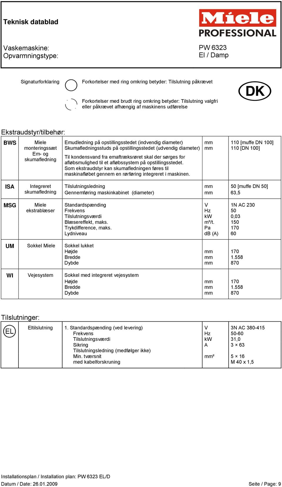 [muffe DN 100] Skumafledningsstuds på opstillingsstedet (udvendig diameter) mm 110 [DN 100] Til kondensvand fra emaftræksrøret skal der sørges for afløbsmulighed til et afløbssystem på