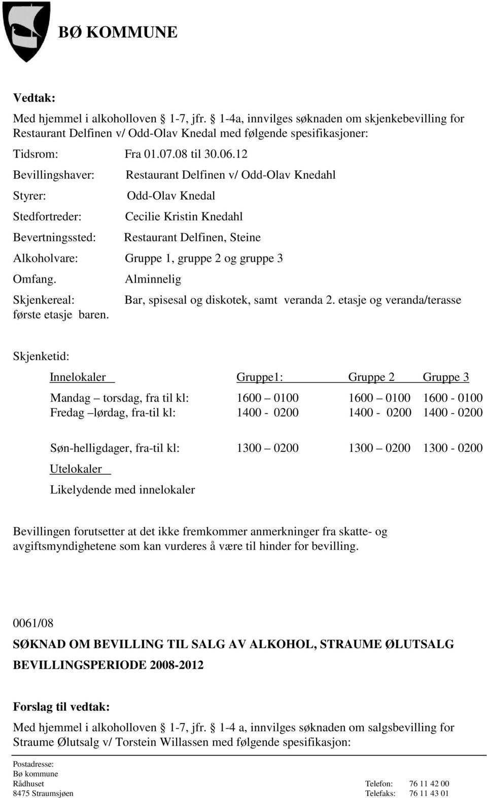 Knedal Cecilie Kristin Knedahl Restaurant Delfinen, Steine Alkoholvare: Gruppe 1, gruppe 2 og gruppe 3 Omfang. Skjenkereal: første etasje baren. Bar, spisesal og diskotek, samt veranda 2.