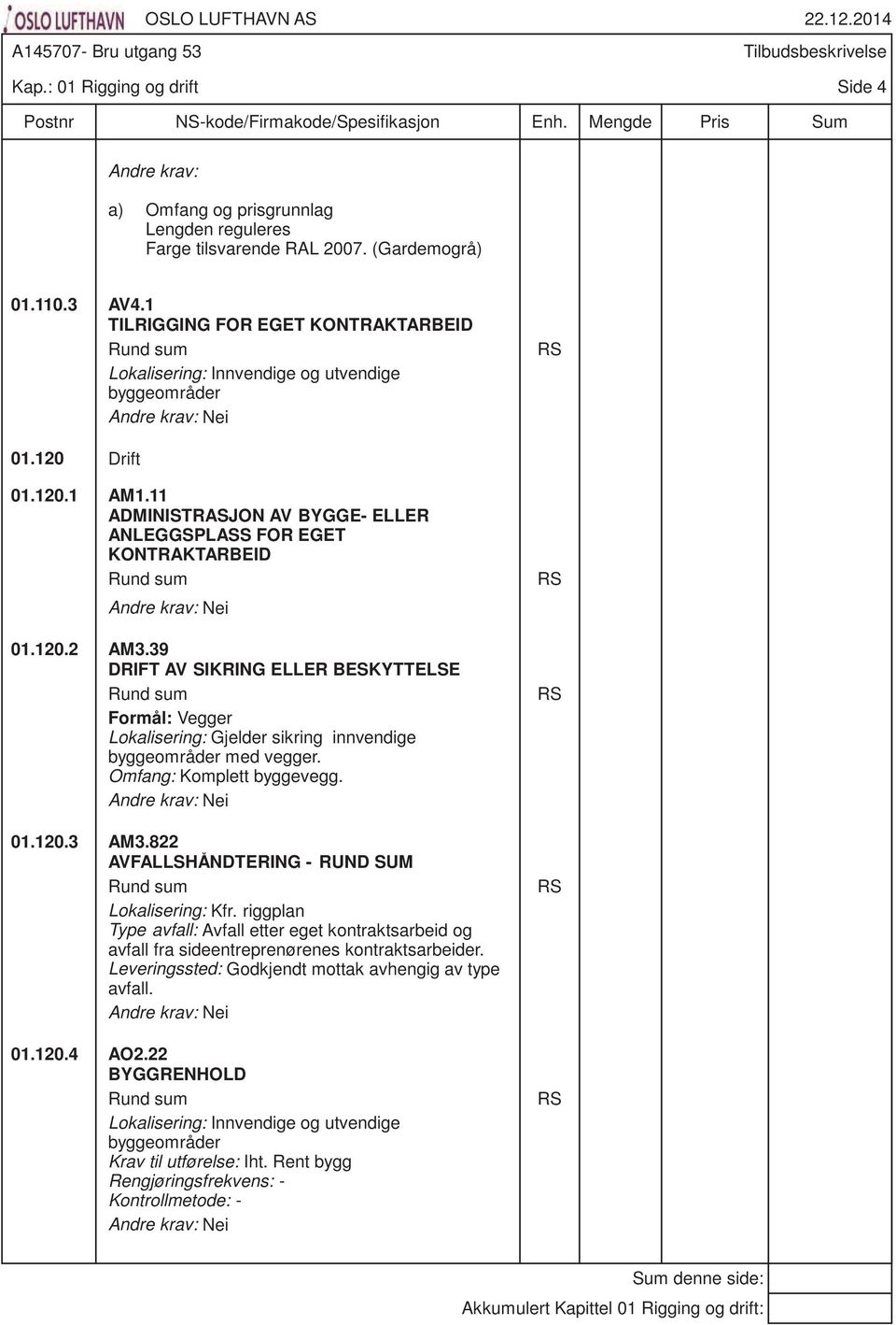 Omfang: Komplett byggevegg. 01.120.3 AM3.822 AVFALLSHÅNDTERING - RUND SUM Lokalisering: Kfr.