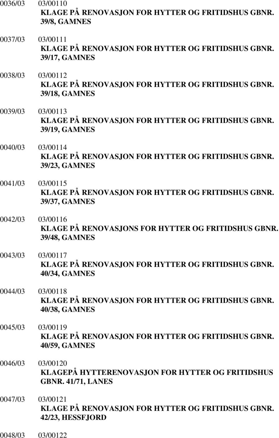 39/19, GAMNES 0040/03 03/00114 KLAGE PÅ RENOVASJON FOR HYTTER OG FRITIDSHUS GBNR. 39/23, GAMNES 0041/03 03/00115 KLAGE PÅ RENOVASJON FOR HYTTER OG FRITIDSHUS GBNR.