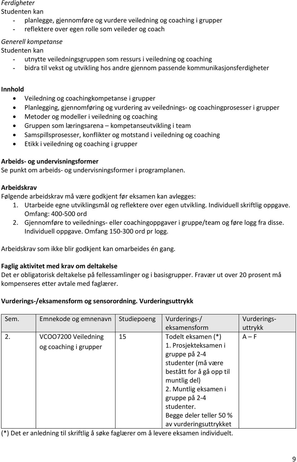 Planlegging, gjennomføring og vurdering av veilednings- og coachingprosesser i grupper Metoder og modeller i veiledning og coaching Gruppen som læringsarena kompetanseutvikling i team