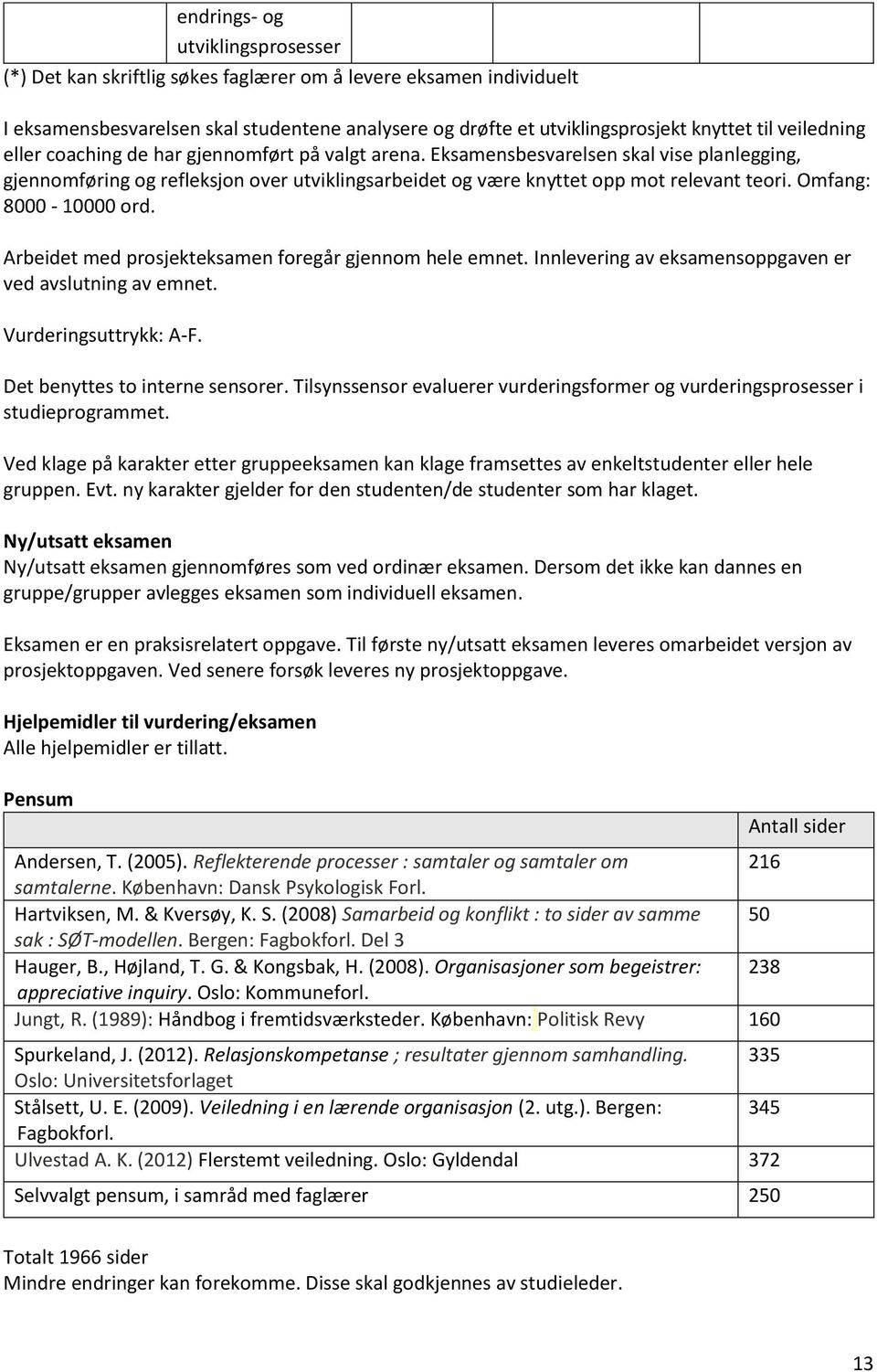 Omfang: 8000-10000 ord. Arbeidet med prosjekteksamen foregår gjennom hele emnet. Innlevering av eksamensoppgaven er ved avslutning av emnet. Vurderingsuttrykk: A-F. Det benyttes to interne sensorer.