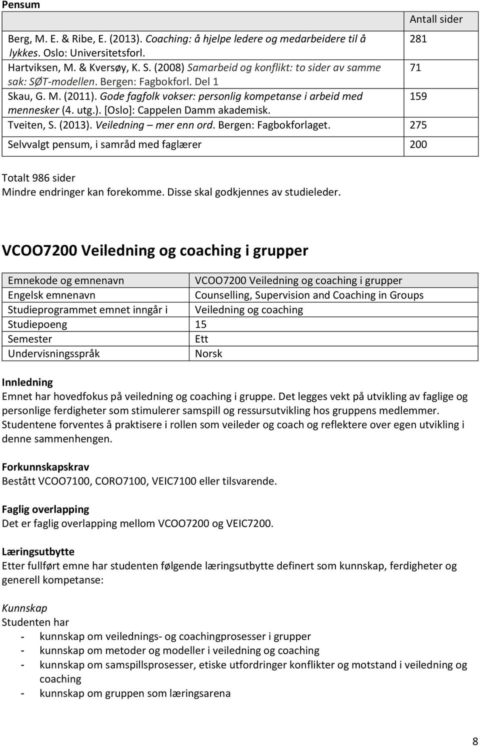 Tveiten, S. (2013). Veiledning mer enn ord. Bergen: Fagbokforlaget. 275 Selvvalgt pensum, i samråd med faglærer 200 Totalt 986 sider Mindre endringer kan forekomme.