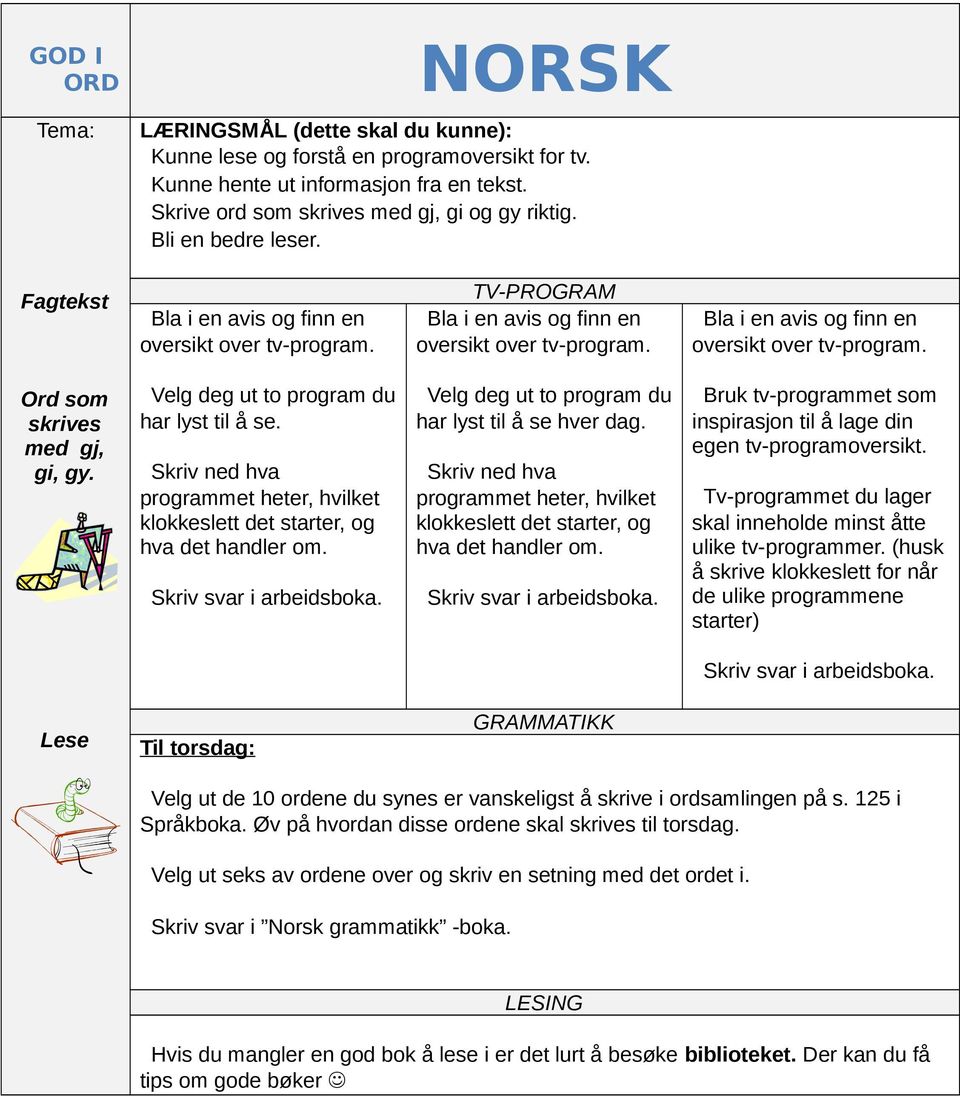 Velg deg ut to program du har lyst til å se hver dag. Skriv ned hva programmet heter, hvilket klokkeslett det starter, og hva det handler om.