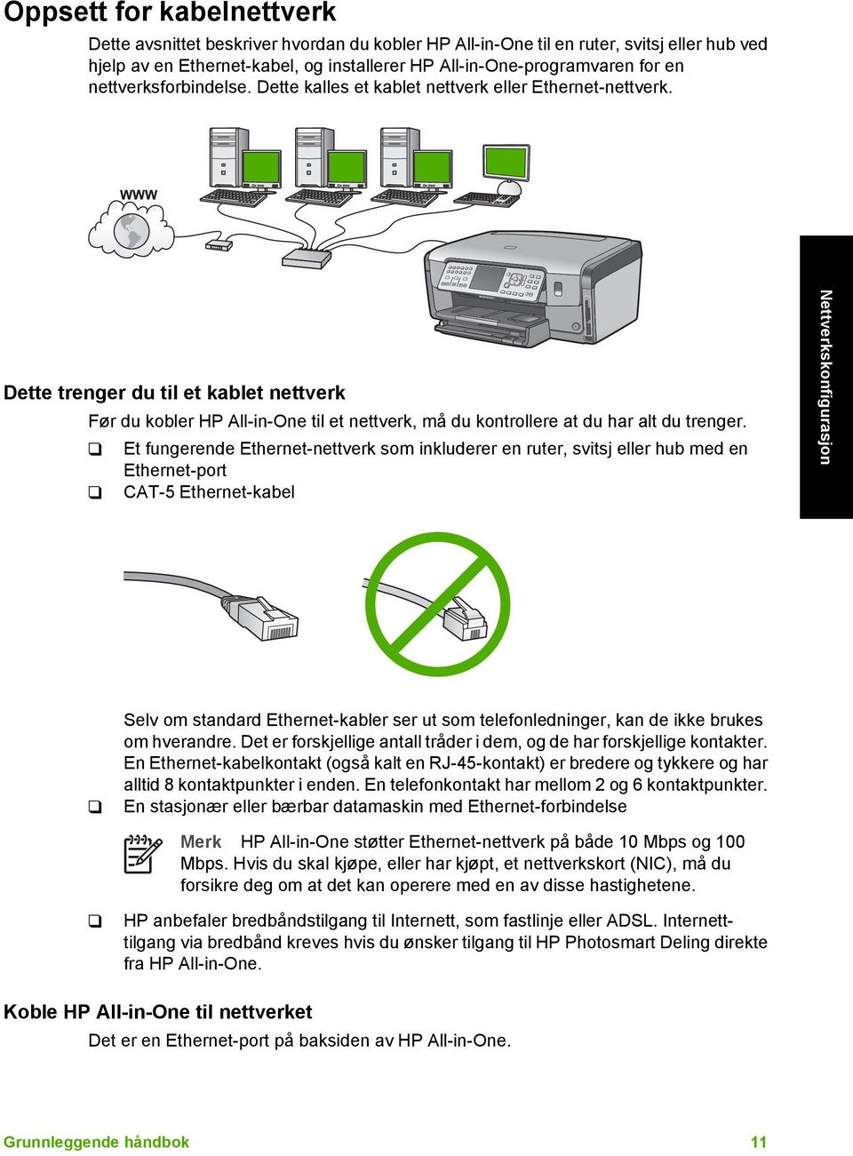 Dette trenger du til et kablet nettverk Før du kobler HP All-in-One til et nettverk, må du kontrollere at du har alt du trenger.